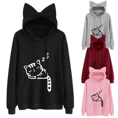 Womens Cat Long Sleeve Hoodie Sweatshirt Hooded Pullover Tops Blouse