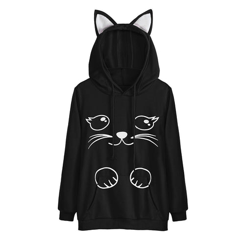 Womens Cat Long Sleeve Hoodie Sweatshirt Hooded Pullover Tops Blouse