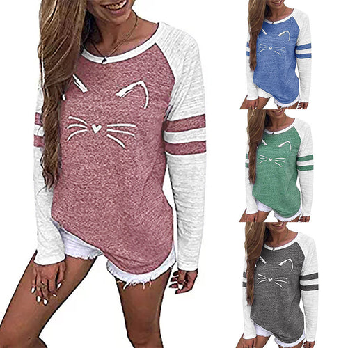 Women Ladies Cat Printing T-Shirt Long Sleevel Tops Blouse